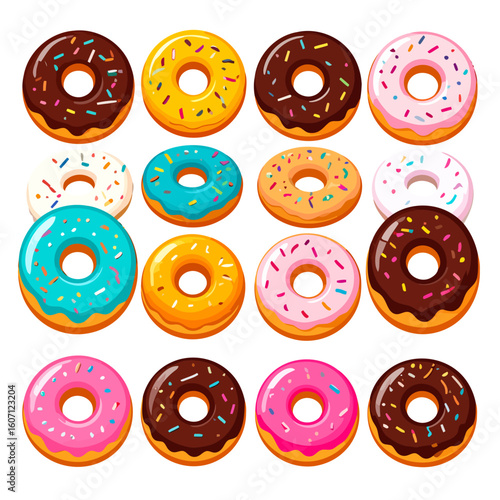 Colorful assortment of cartoon glazed donuts with various icings and sprinkles.