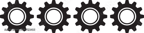 vector of four black gears in a row for mechanical engineering and industrial machinery design
