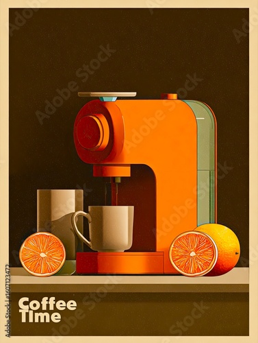 Coffee Machine with Fresh Orange Slices on Warm Toned Background