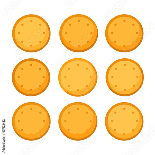 Set of nine round golden crackers with docking holes, flat vector illustration style.