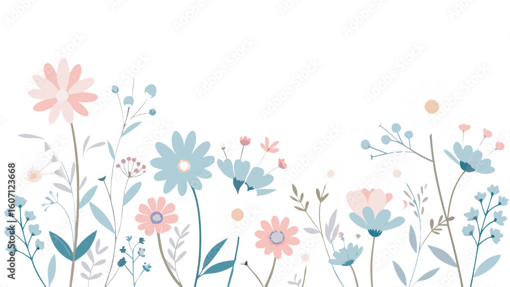 Naklejka premium Minimal pastel floral clipart border. Wildflowers like daisy, cosmos, baby’s breath in soft blush, sky blue, and creamy tones. Transparent PNG for baby shower invites, spring stationery, greeting card