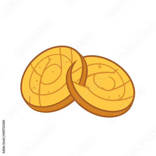 Stylized cartoon illustration of two golden-brown biscuits with a decorative scored surface.
