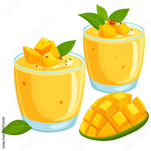 Vibrant cartoon illustration of mango smoothies in glasses, garnished with fresh diced fruit and mint leaves.