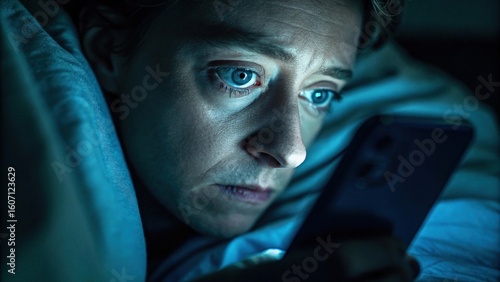 Stressed and sleepless woman looking at her smartphone in bed at night