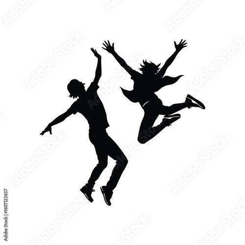 Dancing silhouettes of people jumping with joy and fun, a vector illustration of active men and women in action