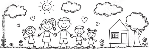 cute stickfigure family holding hands in nature scene vector illustration for children parenting design