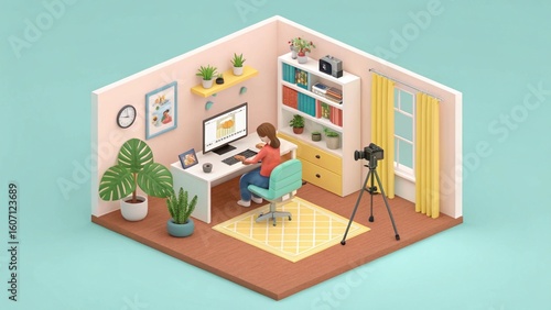 Wallpaper Mural Isometric illustration of a female content creator working in her home office Torontodigital.ca