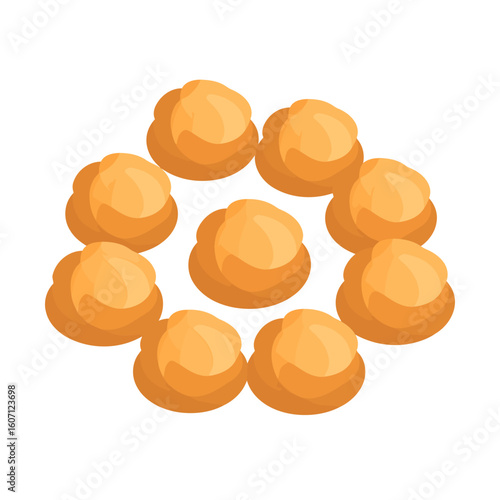 A circular wreath of golden brown choux pastry profiteroles with smooth, shiny tops.