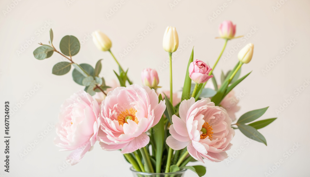 Fototapeta premium Fresh Spring Flowers: Peonies, Tulips, and Eucalyptus