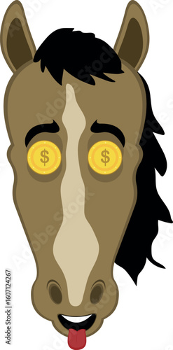 vector illustration character face horse cartoon,  with an ambitious expression, coins in his eyes and his tongue sticking out