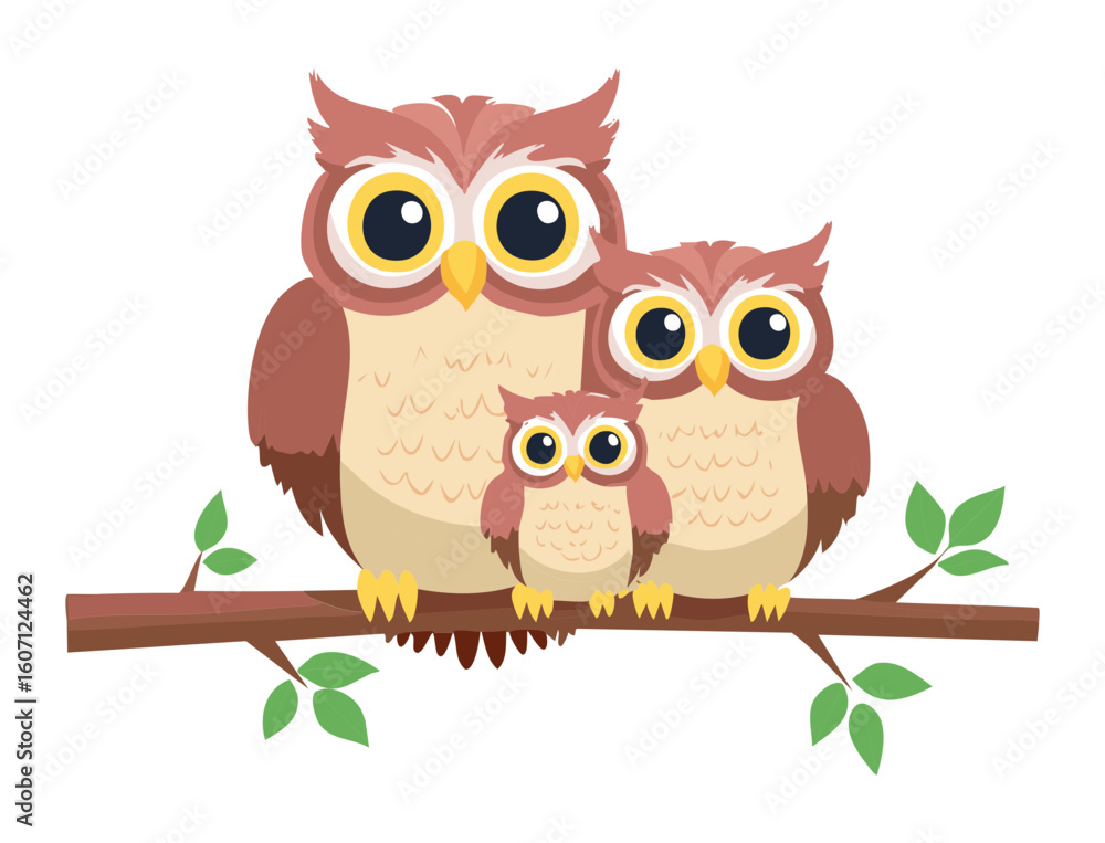 Fototapeta premium Owl Family on a Branch with Leaves