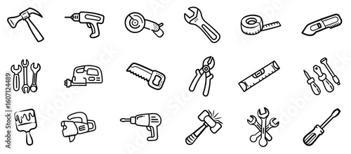 Hand and Power Tools Doodle Icons
