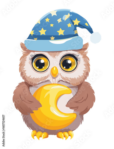 Sweet Owl Holding a Yellow Crescent Moon