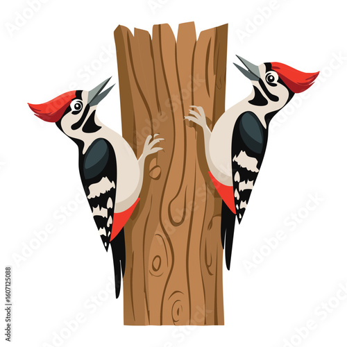 Two Woodpeckers Looking into a Tree Hole