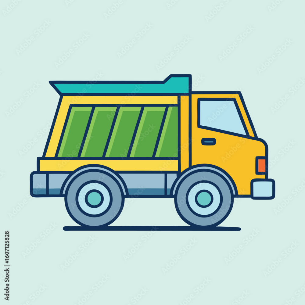 Fototapeta premium Cute Yellow and Green Dump Truck Cartoon Illustration on Light Blue Background