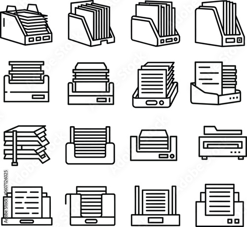 Document Tray and File Holder Icons Set - Office Organization

