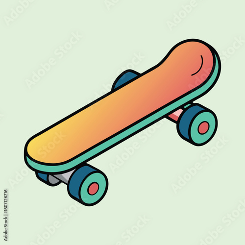 Isometric skateboard illustration with orange deck and teal wheels on a pastel background