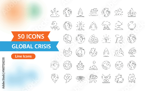 Collection of 50 line icons depicting global crisis themes like natural disasters and environmental issues