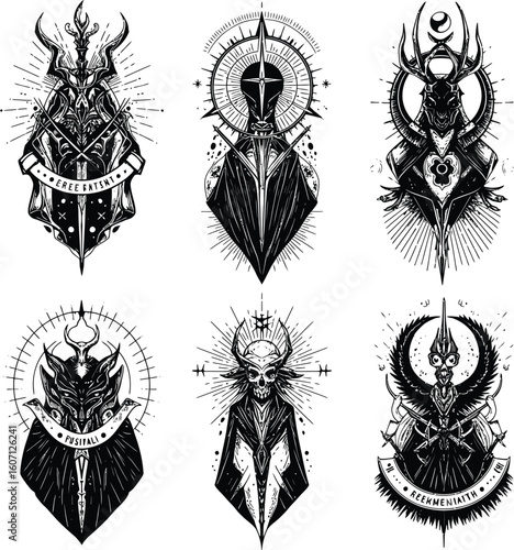 A vintage vector set of Celtic cross and heraldic symbols with skull, lion, and floral designs for tattoo art and tribal decoration