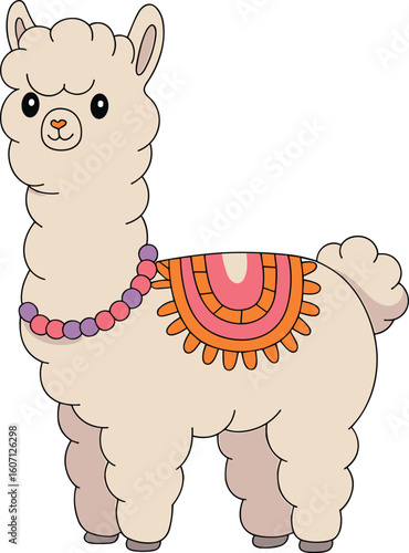 Cute cartoon alpaca with blanket and beaded necklace, vector illustration for children’s merchandise, animal character art, playful farm pet