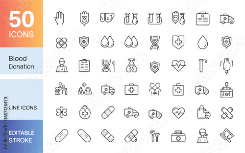 Collection of 50 medical and health care line icons with blood donation theme medical icons health icons