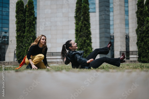 Two friends are shown enjoying playful moments outdoors against a backdrop of modern architecture, highlighting leisure and companionship.