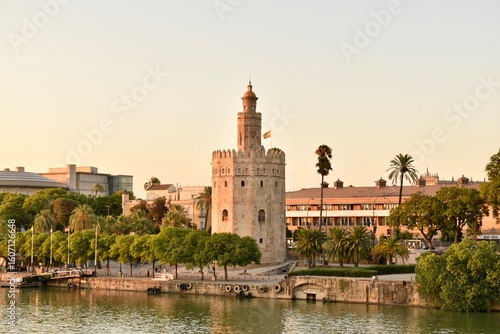 Torre del Oro in Seville, Spain, on the Guadalquivir River. Iconic Spanish landmark and popular tourist destination.