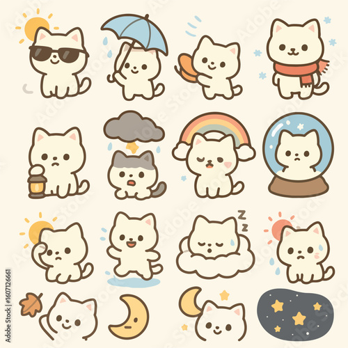 Random cartoon cat icons in kawaii style. Perfect for stickers, children's products, mobile apps, or cute animal-themed prints. Clean vector design suitable for commercial use.