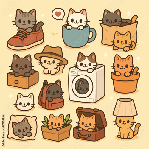 random Cute Cat Icons - Kawaii Animal Vector Set for Stickers, Kids, and Prints