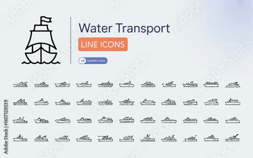 Collection of black line art icons representing various watercraft on a light grey background with a large sailing ship illustration at the top