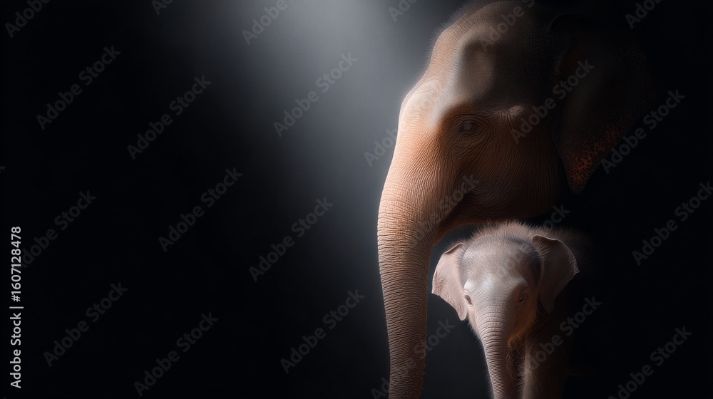Obraz premium A serene and beautiful scene featuring majestic elephants. The gentle light highlights their features. This artistic photo showcases wildlife beauty and conservation. AI
