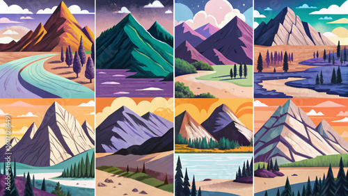 Collection of mountain landscape vector illustrations. Scenic nature views in various seasons spring, summer, autumn, winter and times like sunrise, day, sunset, night. Ideal for banners, wallpaper