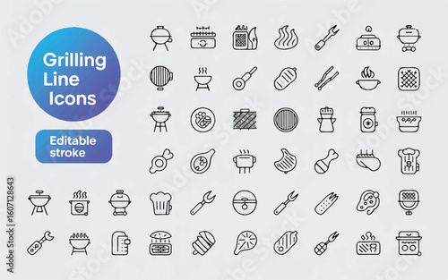 Collection of minimalist line art icons for grilling and barbecue food cooking