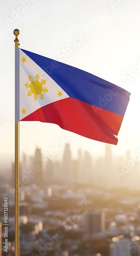 Philippine flag against a city skyline at sunrise