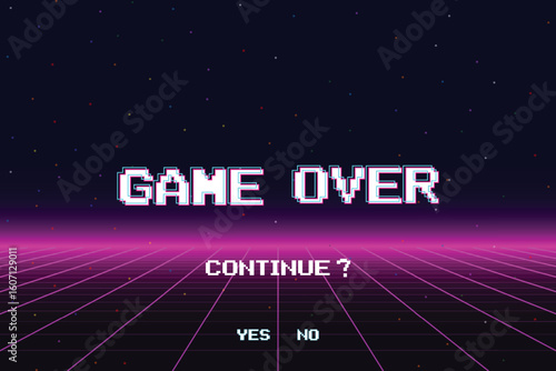 GAME OVER. CONTINUE or exiting the game's main menu. Modern trendy game background with lighting effect. for game assets in vector illustrations.