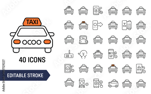 Collection of taxi and transportation icons with editable stroke vehicle
