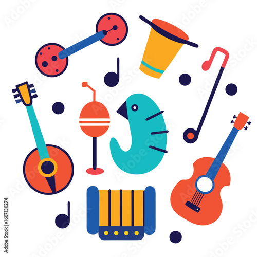 Melodic Symphony of Instruments: A vibrant collage of musical instruments, each a unique voice in an unseen symphony. It's a whimsical dance of color and sound.