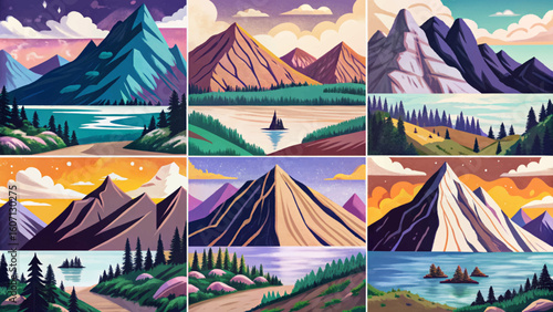Collection of mountain landscape vector illustrations. Scenic nature views in various seasons spring, summer, autumn, winter and times like sunrise, day, sunset, night. Ideal for banners, wallpaper