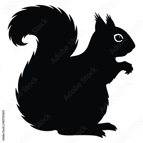Silhouette of a curious squirrel with a large bushy tail against a white background