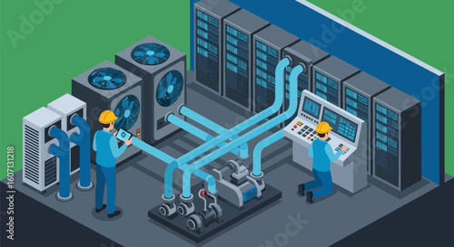 Isometric Vector Illustration of Data Center Cooling System with Technicians Inspecting HVAC and Server Infrastructure in Modern Industrial Setting