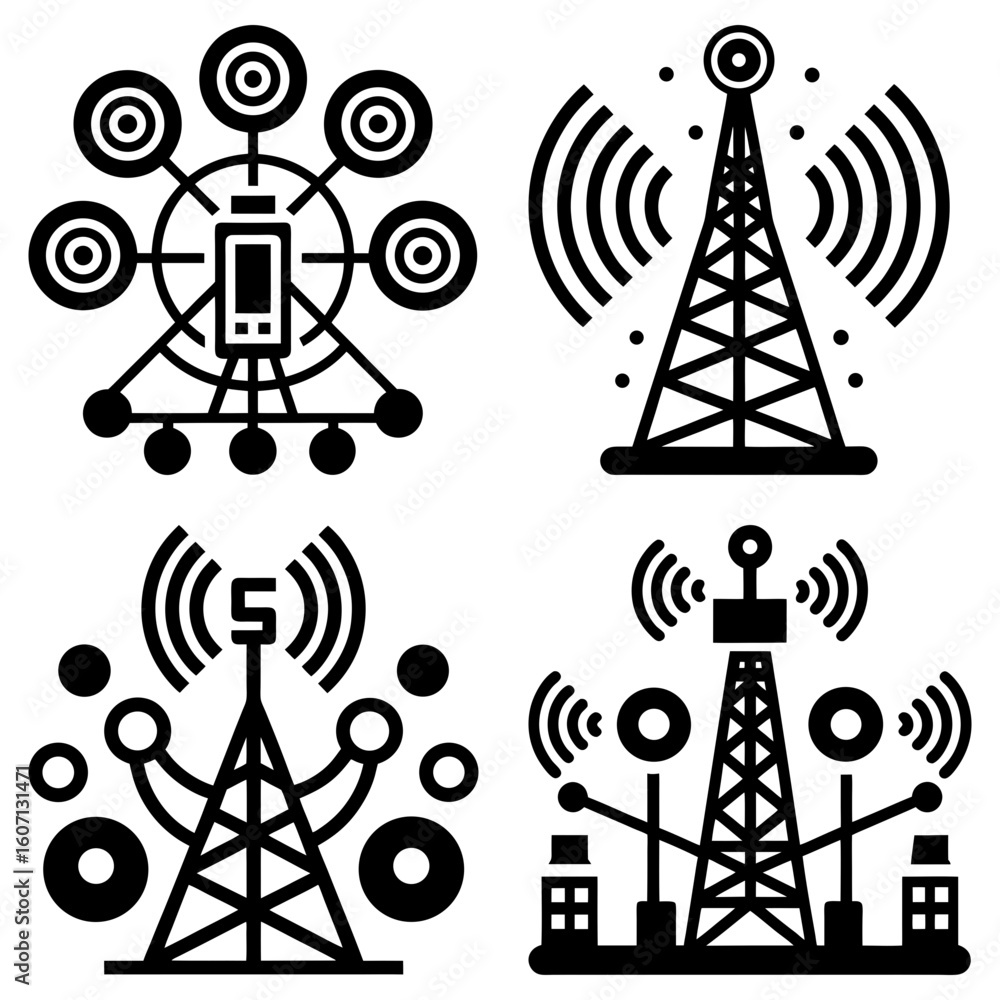 Naklejka premium Illustration showing four different communication towers with varying signal technologies present in black