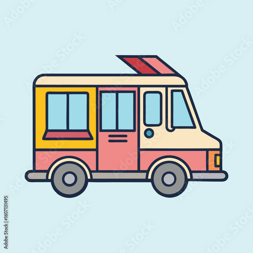 Cute cartoon food truck on a light blue background for children