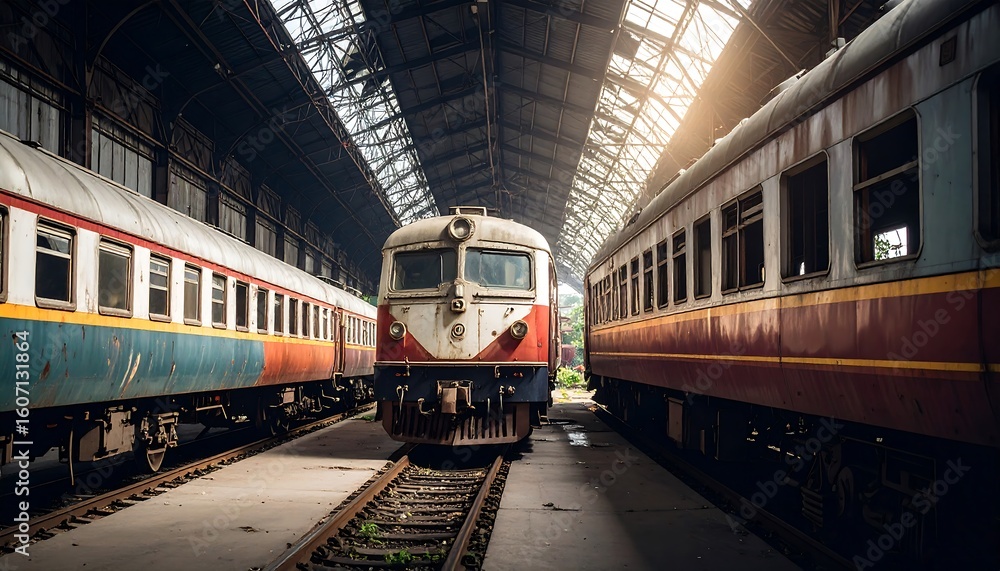 Fototapeta premium Old trains in a large depot