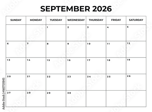 Printable 2026 September Calendar with Daily Boxes Week Starts from Sunday