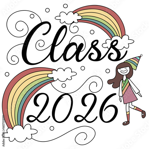 Class of 2026 with rainbows and a cheerful character