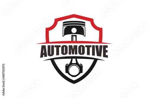 Automotive piston logo design inside a shield. Workshop garage racing team vector illustration.