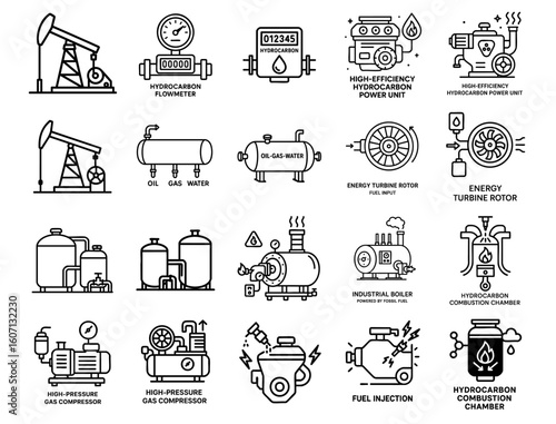 Power Production Hydrocarbon concept. Industrial icons representing energy and hydrocarbon processes.