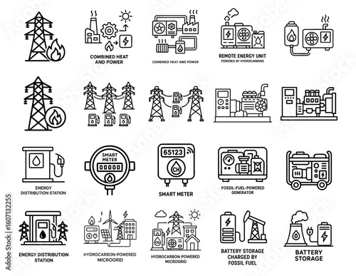 Power Production Hydrocarbon concept. Energy icons illustrating various power generation and management methods.