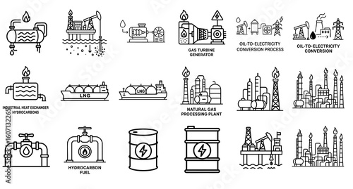 Power Production Hydrocarbon concept. Energy industry icons depicting various processes and equipment