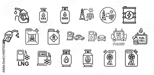 Power Production Hydrocarbon concept. Fuel icons, including gas, diesel, and renewable energy symbols.
